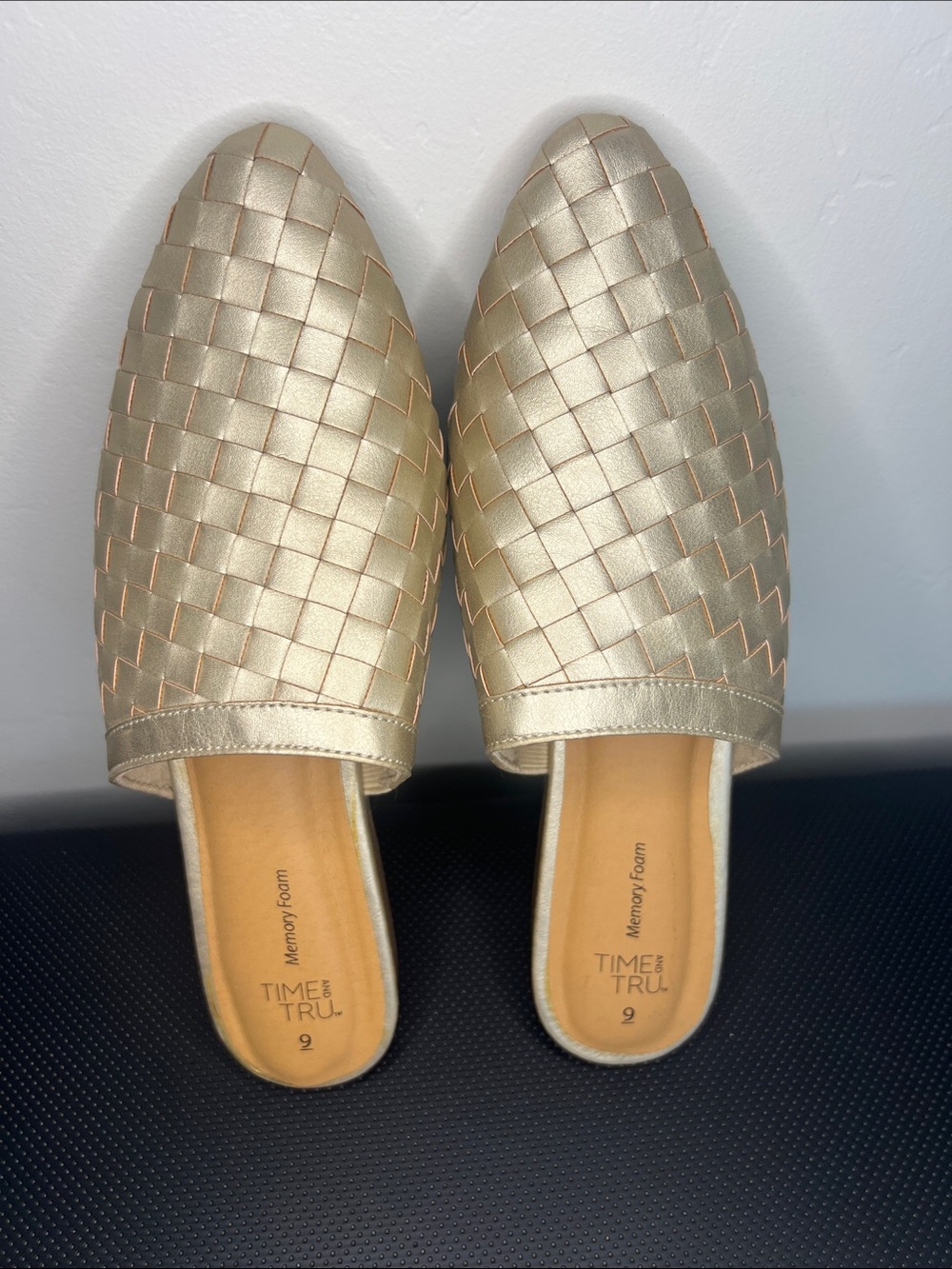 Time and Tru Metallic Gold Woven Slip-On Mules